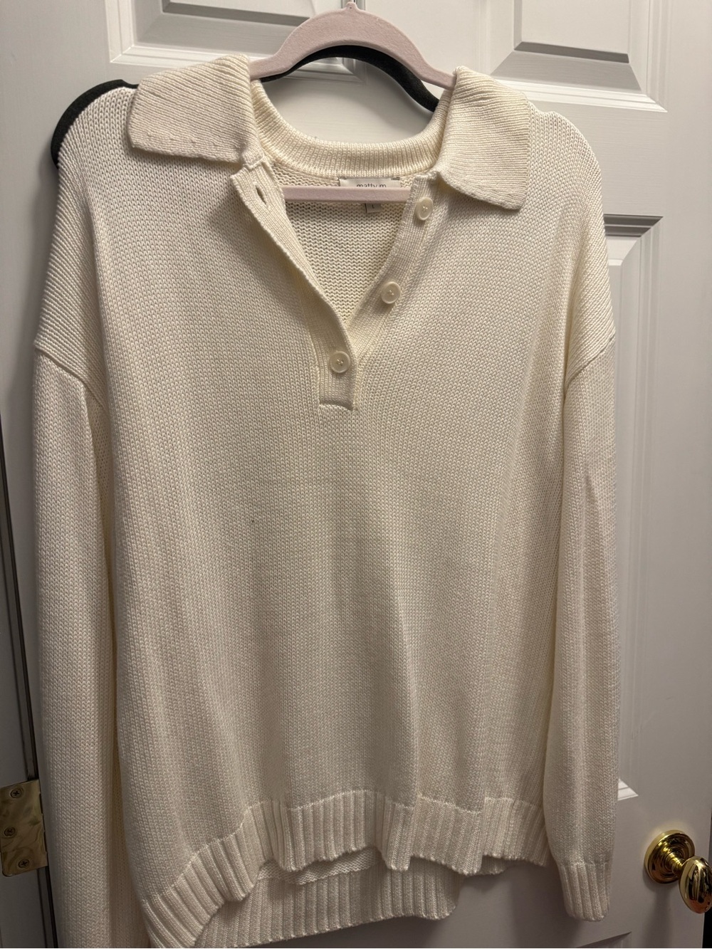 Matty M Ivory V-Neck Button Collar Knit Sweater